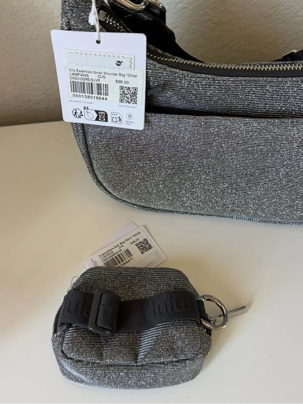 lululemon athletica Silver Glitter Shoulder Bag with Mini Pouch
